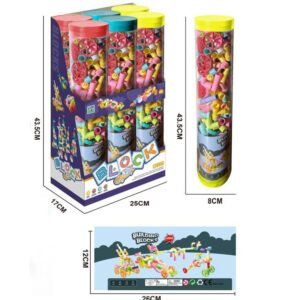 a clear cylindrical container filled with colorful