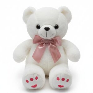 White Teddy Plush With Pink Bow 30cm