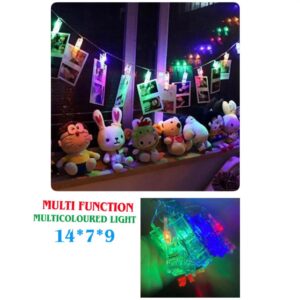 multicoloured LED string lights with photo clips.