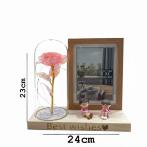 Artificial rose in a glass dome with a photo frame and LED lights.