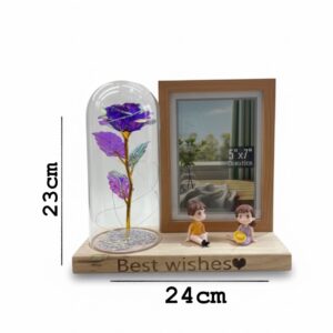 Artificial rose in a glass dome with a photo frame and LED lights
