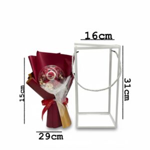 Flower bouquet gift red teddy bear in a clear bubble and a white gift box/carrier.