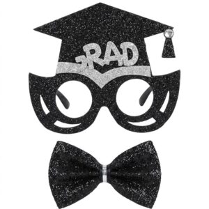 black and silver glitter graduation photo booth props, featuring glasses with a mortarboard design and a matching bow tie