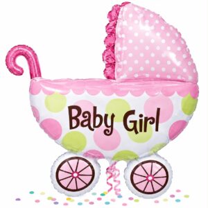 Pink Baby Girl Pram-Shaped Foil Balloon With Polka Dots (supershape)