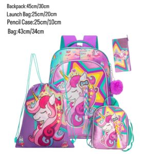 Jasminestar Unicorn 2 Zipper Compartment Set of (4Pices:Backpack-launche bag-Pecil Case-bag)