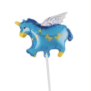 light blue flying unicorn Foil balloon with stick