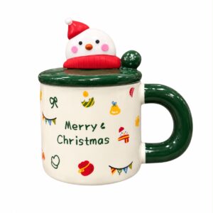 Green Christmas Snowman Ceramic Mug with Lid