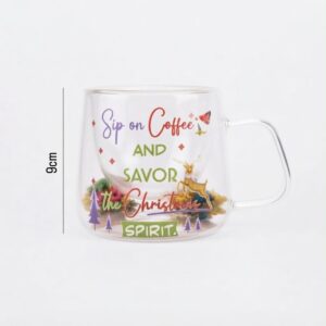 Double Glass Transparent Mug With Festive Holiday Text And Flowers
