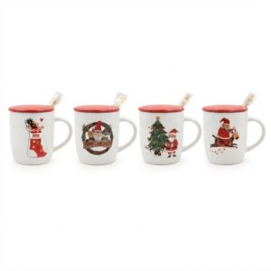 Christmas Ceramic Mug With Red Lid And Spoon