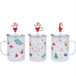 Glass Christmas Mugs Feature cute holiday prints with santa straw Topper