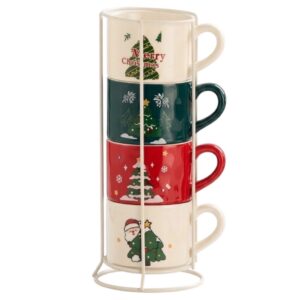 Set Of 4 Stackable Ceramic Christmas Mugs
