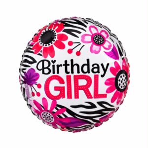 Birthday Girl Floral And Zebra Stripes Balloon